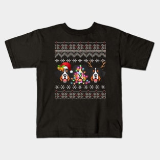 Christmas Bernese Mountain Gift Lights Santa Hat Three Dogs Kids T-Shirt